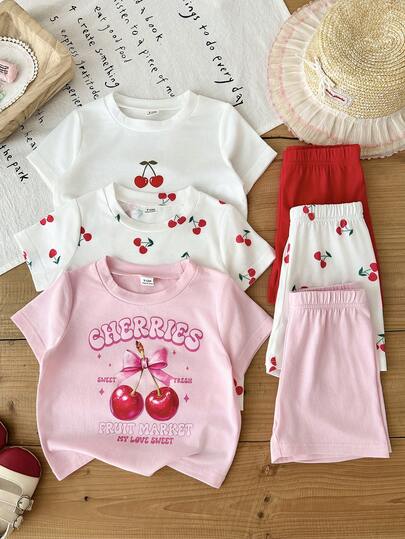 SHEIN 6件套女婴休闲可爱舒适樱桃图案字母印花短袖上衣和短裤套装，适合春夏外出和日常穿着，整体可爱舒适。
