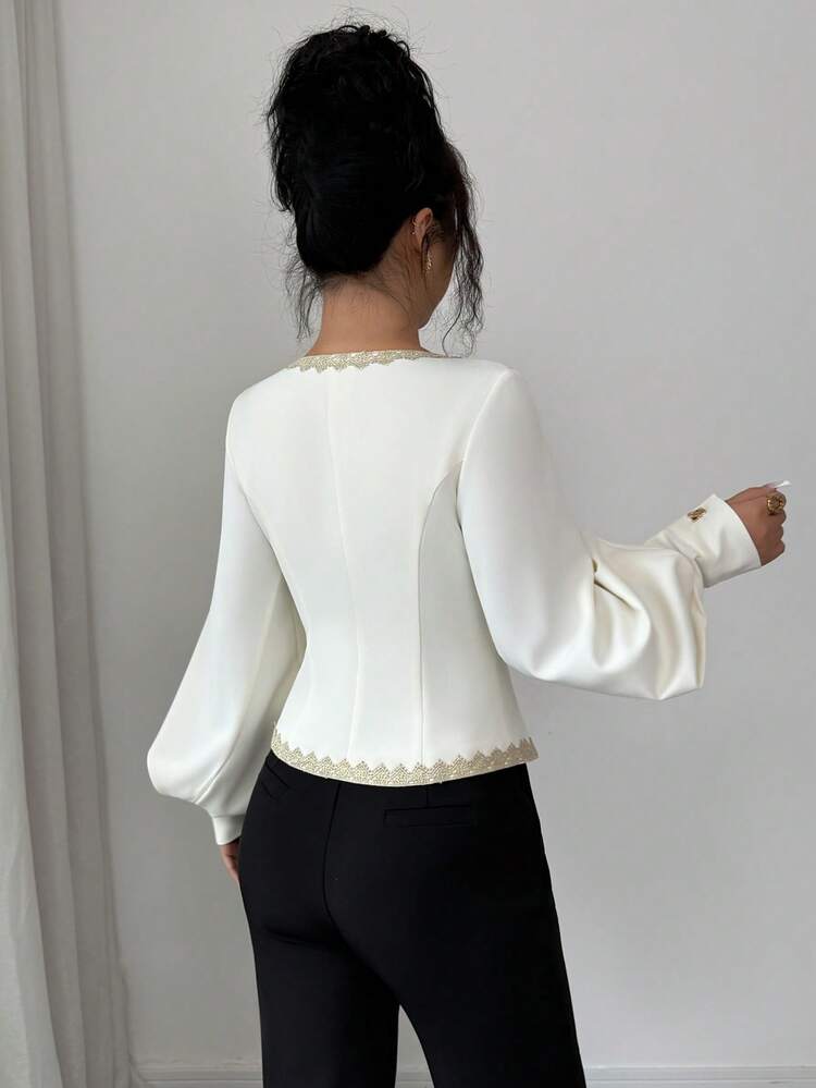 Women's Elegant Lace Patchwork Square Collar Lantern Sleeve Blouse, Spring Summer Babydoll Top