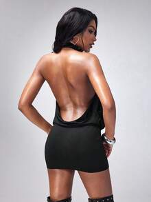 Y2Kool Maria Clara Maia Women's Sexy Rhinestone Heart Pattern Backless Mini Bodycon Dress, Summer Fashion - Black - View 2