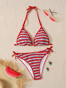 SHEIN 2pcs/Set Teen GirlSummer New Red Striped Halter Fashionable Bikini Set, Suitable For Beach Vacation - Red - View 8