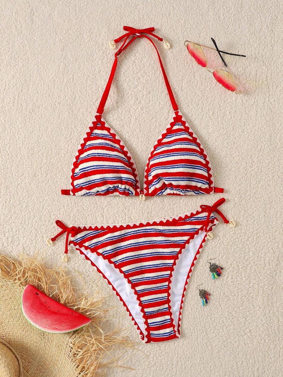 Set de 2 piezas Bikini de verano a rayas rojas con escote halter de moda para adolescentes, adecuado para vacaciones en la playa - Rojo - Ver 1