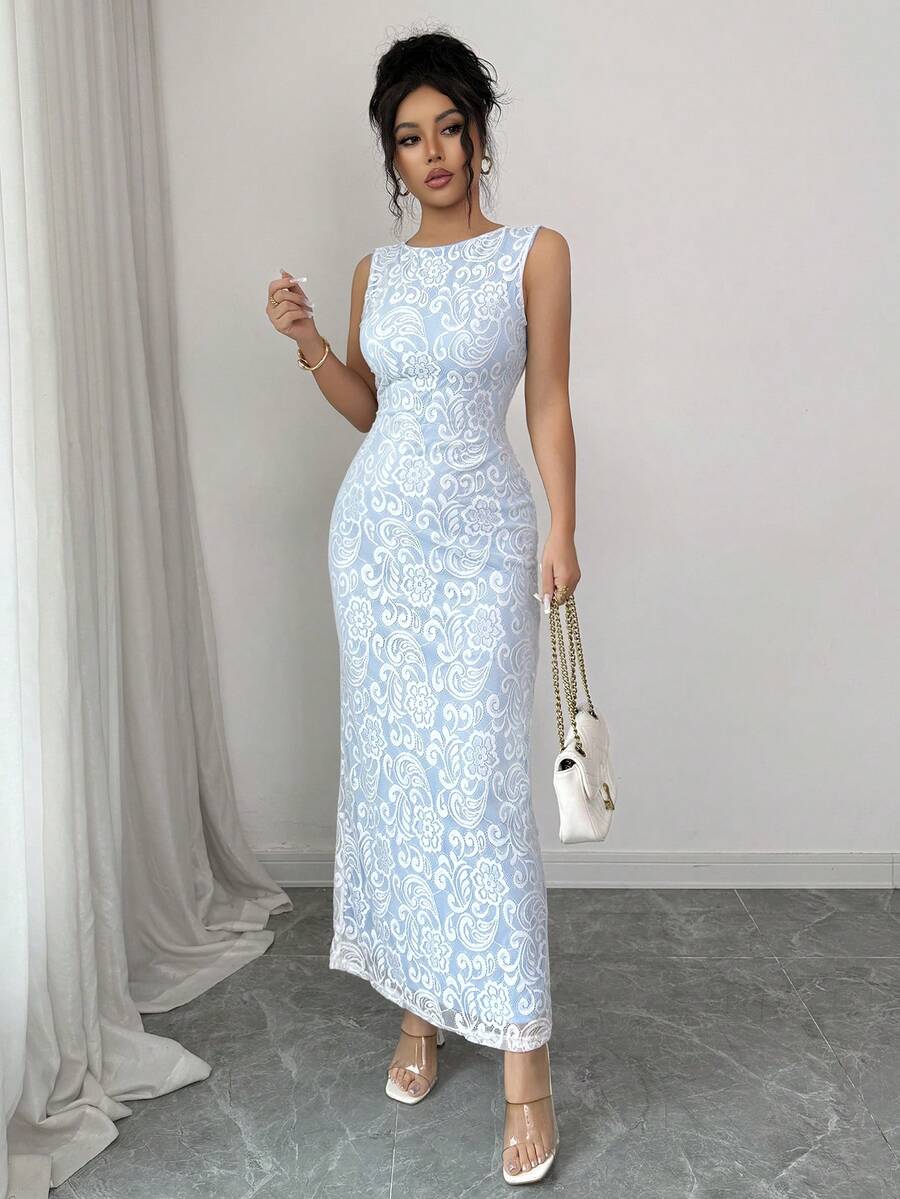 Elenzga 优雅白色蕾丝V领无袖修身长裙，休闲、派对、浪漫春夏装扮；时尚藏蓝色长裙，优雅婚礼宾客礼服 - 藍色 - 查看 1