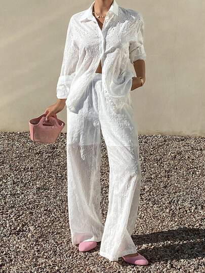 DAZY 女士休闲度假风纯色镂空刺绣衬衫和阔腿裤两件套，春夏款
