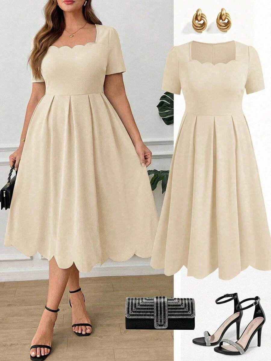 Ellevyn Plus Size Elegant Women Dress With Square Neckline And Shell Trim - Apricot - View 1
