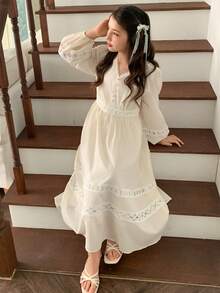 DAZY Tween Girls V-Neck Puff Sleeve Dress, Fall - Beige - View 6