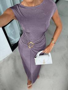 Lavishia Women's Solid Color Metal Decor Ruched Waist Elegant Fishtail Dress, Suitable For Dates And Parties - Dusty Purple - View 6
