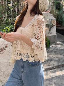 DAZY 女士镂空长袖度假风吊带衫 - 米色 - 查看 9