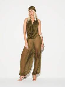 KIZN SHEER TEXTURE COWL TOP AND BANDANA - Army Green - View 3