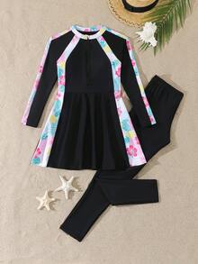 SHEIN Bộ đồ bơi dài tay in hình lá cây có khóa kéo dành cho bé gái tuổi teen, màu hồng, gồm áo và quần, thích hợp cho bãi biển, bơi lội và kỳ nghỉ. - Nhiều màu - Xem 4
