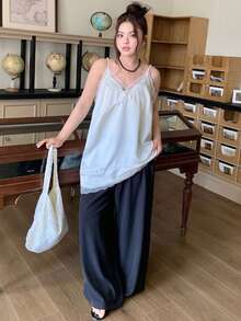 Dazy Plus Satin Contrast Lace V-Neck Long Casual White Camisole And Tank Top - White - View 7