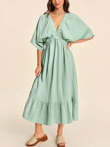 Coeurva Women's Casual Romantic Vacation Floral Print Cotton V-Neck Solid Green Dress - Gray green - View 7