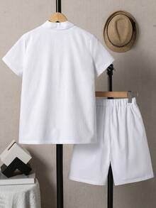 SHEIN 男童纯色短袖单排扣口袋衬衫和短裤休闲两件套 - 白色 - 查看 2