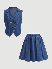 Firerie Kids Tween Girl Lapel NeckDouble-Breasted Denim Vest And Denim Mini Skirt Casual Set - Blue - View 6