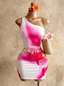 SHEIN BamGlam Women's Placement Print Vacation Mini Dress - White - View 3