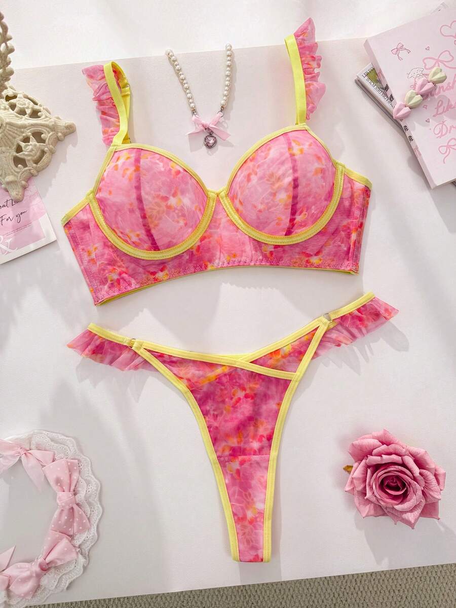 PetitDoll Bộ đồ lót nữ 2 món phối màu tương phản, viền bèo nhún, kiểu dáng ngọt ngào. - Nhiều màu - Xem 1