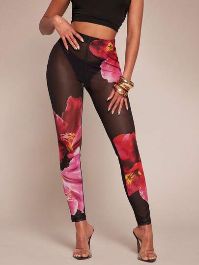 Radiana Sexy Cute Distinctive Sheer Mesh Printed Leggings, Floral Print Leggings, Skinny Pants, Casual Pants, Beach Pants, High Elastic Mesh Fabric, Fitted To Body Curves, Suitable For Casual Outings, Island Vacations, Beach, Holidays, Nights Out, Dates, Gatherings, Parties, Clubs, Cocktail Events, Celebrations, Music Festivals, Concerts, Holidays