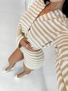 Shopreo Women's Striped Casual Button Front Top And Shorts 2 Pieces Set,Fall Clothes For Women - Apricot - View 6