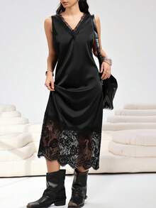 Muchica Đầm không tay cổ chữ V phối ren màu trơn, cỡ lớn, thanh lịch, thích hợp cho mùa hè. - màu đen - Xem 9