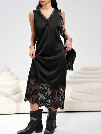 SHEIN EZwear 2026SSpring And SummerPlus Size Elegant Solid Color Lace Patchwork V-Neck Sleeveless Dress, SummerOutdoor Clothing, Back To School, Street , Beach Vacation Clothing