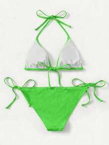 SHEIN Swim Women's Solid Color Halter Tie Sexy Bikini Swimwear Set, Summer Beach - Olive Green - View 2