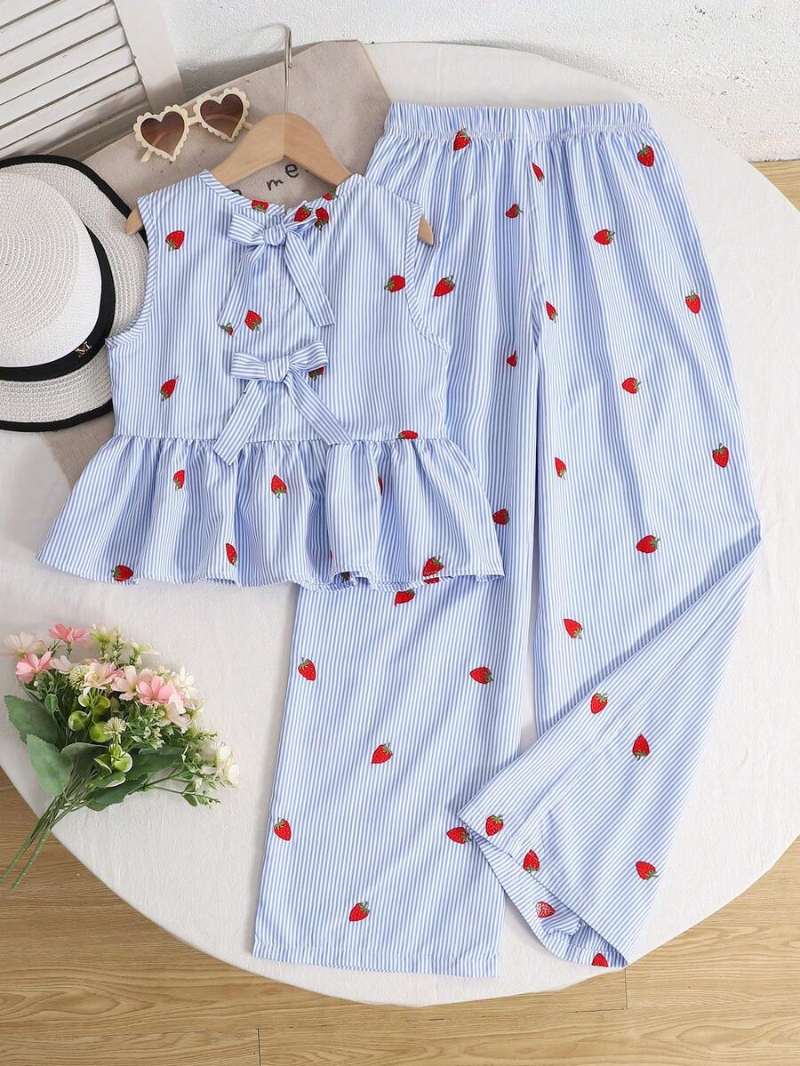 SHEIN 2件套少女碎花无袖上衣和宽松休闲裤套装 - 藍色 - 查看 1