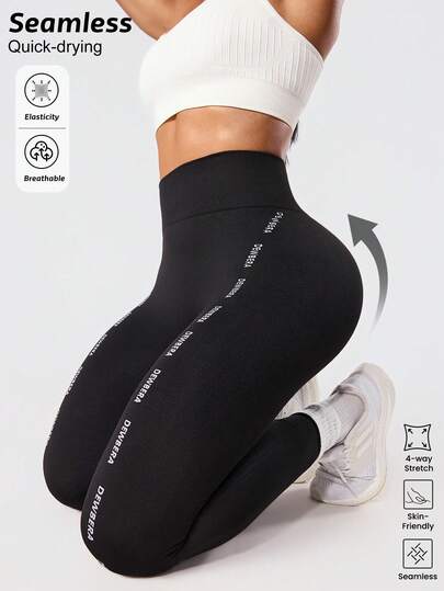 Seamluxe SHEIN Sport 黑色高腰时尚字母印花紧身裤，无缝瑜伽裤，健身跑步紧身裤
