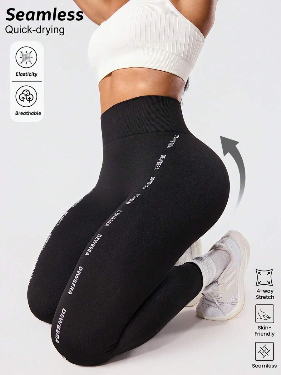 Seamluxe SHEIN Sport 黑色高腰时尚字母印花紧身裤，无缝瑜伽裤，健身跑步紧身裤 - 黑色 - 查看 1