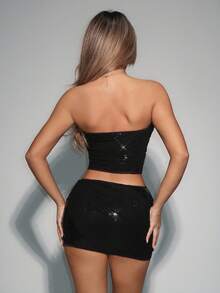 SHEIN ICON Asymmetrical Sequin Patchwork Crop Top And Mini Skirt 2 Pieces Set For Women - Black - View 2
