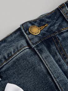 SHEIN MOD Chân váy ngắn denim nữ kiểu dáng thường ngày có nơ trang trí, thích hợp cho mùa hè. - Màu xanh lam - Xem 3