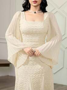 Feyla Women's Jacquard Pleated Elegant Waist Cinched Long Party Dress - Apricot - View 2