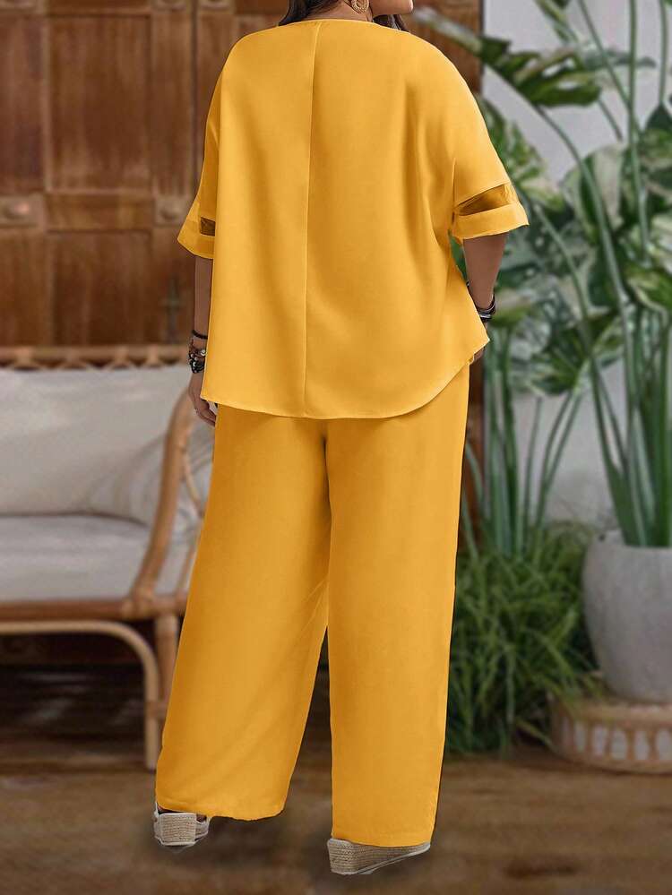 Plus Size Women Vacation Ribbon Trim V-Neck 3/4 Sleeve Shirt And Wide Leg Pants Casual 2 Pieces Set