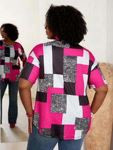 BrightlyHer Plus Size Summer Casual Contrast Color Print Short Sleeve T-Shirt - Hot Pink - View 2