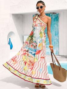 Vivid Eden Vestido asimétrico de línea A con estampado artístico para mujer, ideal para vacaciones de verano - Multicolor - Ver 1