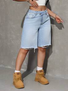 SHEIN Tall Women's Straight Leg Frayed Hem Loose Belted Casual Denim Shorts - Light Wash - View 4