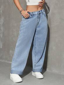 SHEIN Tall Summer Women's Tall Loose Casual Daily Commuting Going Out Outfits Versatile Elastic Waistband Wide Leg Blue Tapered Jeans - Light Wash - View 5