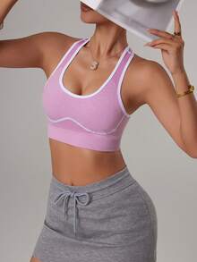 Dewbera 无缝针织内置可拆卸衬垫运动短款上衣，双面可穿 - 淡紫色 - 查看 1