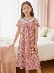 SHEIN Young Girl Ditsy Floral Chiffon Tassel Trim Round Neck Casual Dress Loungewear - Pink - View 4