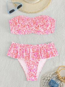 Swim Mod 女士印花抹胸比基尼套装，休闲低腰荷叶边短裙，度假泳装 - 淺粉色 - 查看 5