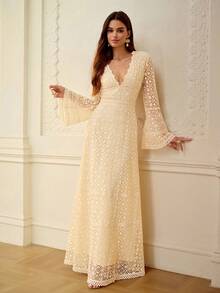 ZEYLAH Vestido de cuello en V con encaje, primavera/verano - Albaricoque - Ver 6