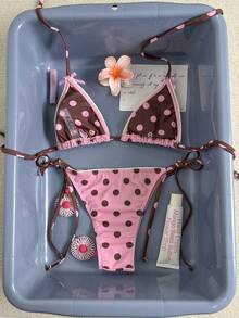 Bonvoyette Women's Polka Dot Triangle Soft Cup Neck Tie Set - Hot Pink - View 6