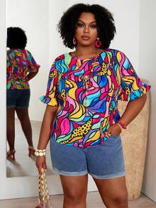 EMERY ROSE Plus Size Women's Blue Summer Boho Vacation All-Over Colorful Abstract Animal Print Round Neck Ruffle Short Sleeve Casual Pullover Blouse Shirt Tops - Multicolor - View 8