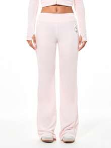 BABYPHAT Pink Velour Flare Leggings With Script Logo Embroidery High Rise Bootcut Wide Leg Comfort Stretch Lounge Pants Fall Winter Cozy - Baby Pink - View 2