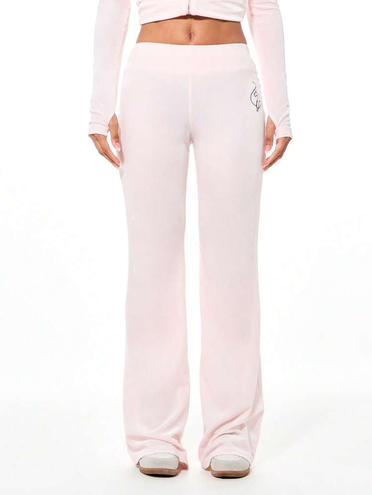 BABYPHAT Pink Velour Flare Leggings With Script Logo Embroidery High Rise Bootcut Wide Leg Comfort Stretch Lounge Pants Fall Winter Cozy