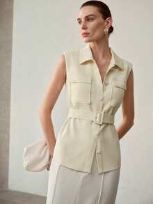 MOTF PREMIUM SOLID FLAP POCKET BUCKLE BELTED SLEEVELESS JACKET - Yellow - View 4