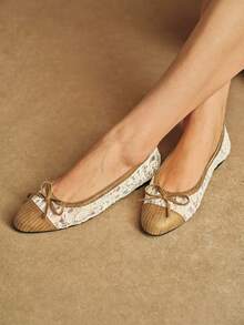 Rosivie 女士通勤休闲度假花卉网眼拼接低跟鞋 - 白咖 - 查看 5