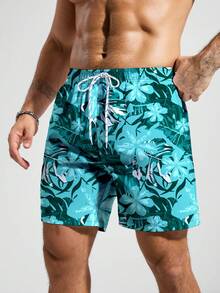 Manfinity KASUA Men's Tropical Plant Print Drawstring Waist Beach Shorts - Teal Blue - View 3