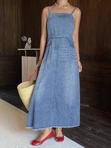 DAZY Women's Casual Washed Pocket Strap Denim Dress, Summer - Blue - View 4