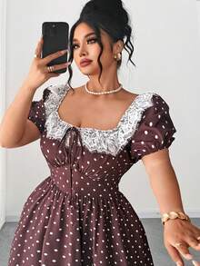 Elenzga Vestido de encaje con lunares de talla grande, cuello cuadrado, parche de encaje, manga abullonada, cintura alta, dobladillo con volantes, empalme de encaje, estilo vintage francés romántico, elegante y casual - Café integral - Ver 2
