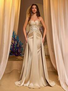 Glamrae 优雅奢华露肩无肩带珠绣束身胸衣奶油色缎面褶裥鱼尾裙摆礼服，适合节日、婚礼、晚宴、音乐会、商务活动和社交媒体达人活动。 - 卡其色 - 查看 7