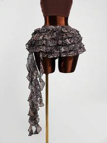 SaltGleam SaltGleam Women's Elastic Waist Leopard Print Layered Ruffle Trim Fashionable Skirt - Multicolor - View 6